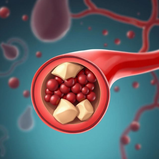 An illustration depicting a blood vessel with a significant build-up of fat, showing the blockage impeding blood flow