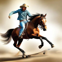 This is a vivid digital art piece showcasing a cowboy performing a kickflip on a horse as if it were a skateboard