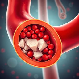 An illustration depicting a blood vessel with a significant build-up of fat, showing the blockage impeding blood flow