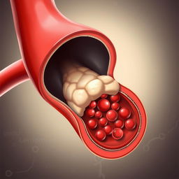 An illustration depicting a blood vessel with a significant build-up of fat, showing the blockage impeding blood flow