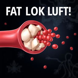 An illustration depicting a blood vessel with a significant build-up of fat, showing the blockage impeding blood flow