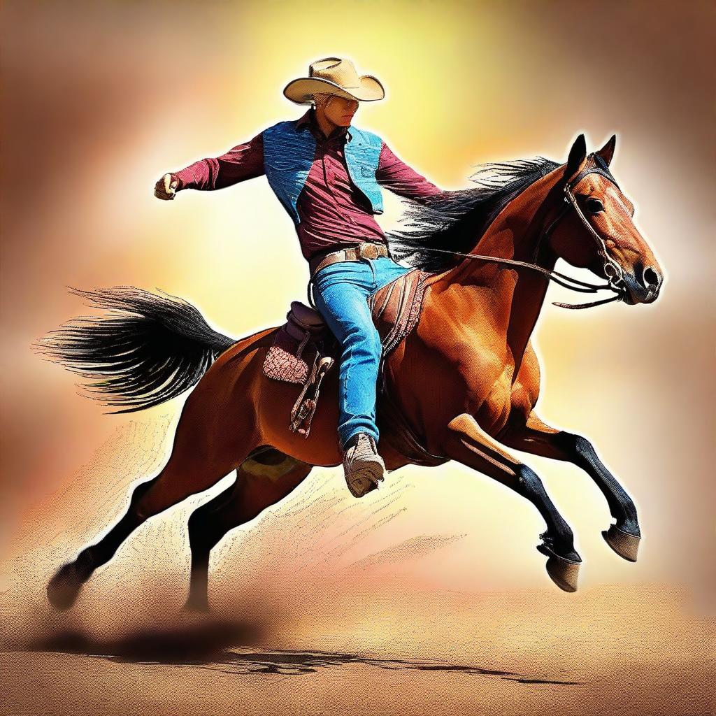 This vibrant digital art captures a cowboy in mid-action, performing a kickflip with his horse