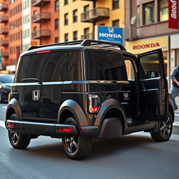 A sleek black 2025 Honda Element parked in an urban environment, showcasing its modern design and rugged features