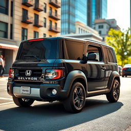 A sleek black 2025 Honda Element parked in an urban environment, showcasing its modern design and rugged features