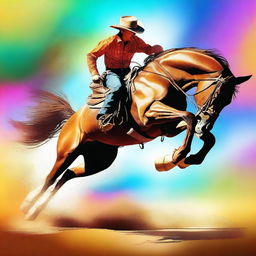 This vibrant digital art captures a cowboy in mid-action, performing a kickflip with his horse