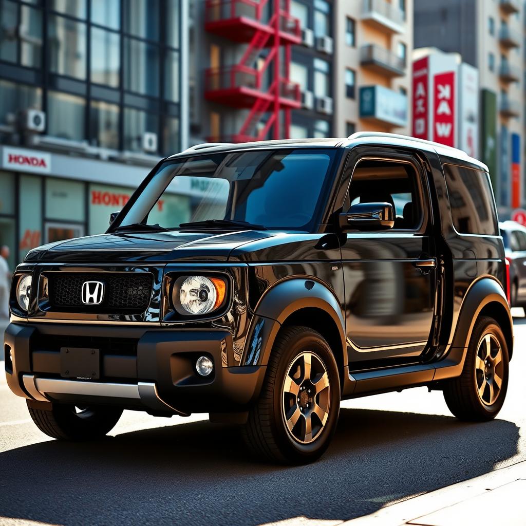 A sleek black 2025 Honda Element parked in an urban environment, showcasing its modern design and rugged features