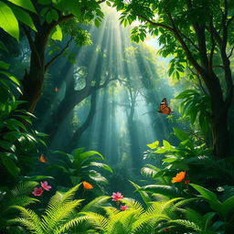 A vibrant green jungle bathed in sunlight, with lush foliage, towering trees, and a canopy that lets rays of sunshine filter through, creating a warm, inviting atmosphere