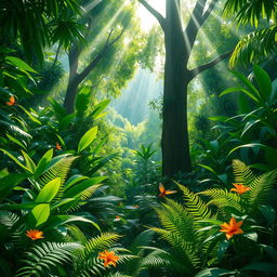 A vibrant green jungle bathed in sunlight, with lush foliage, towering trees, and a canopy that lets rays of sunshine filter through, creating a warm, inviting atmosphere