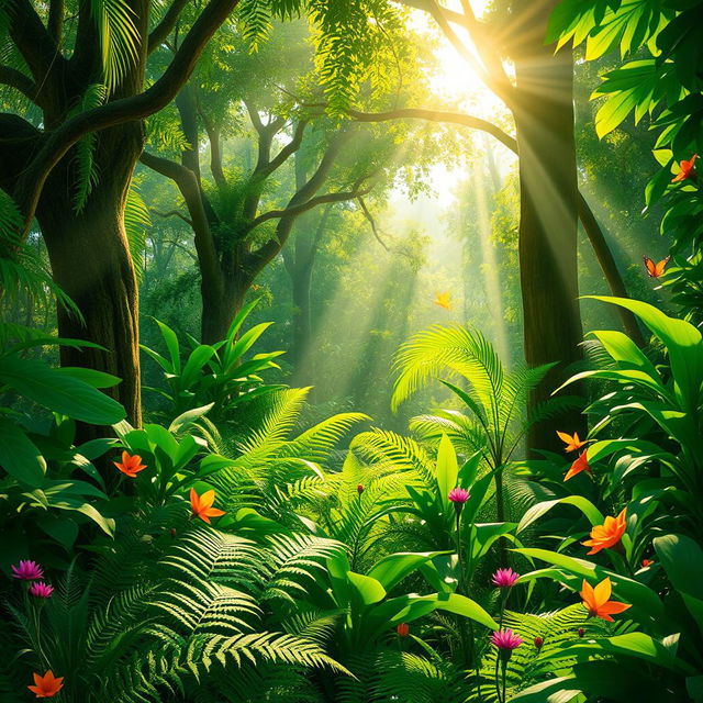 A vibrant green jungle bathed in sunlight, with lush foliage, towering trees, and a canopy that lets rays of sunshine filter through, creating a warm, inviting atmosphere