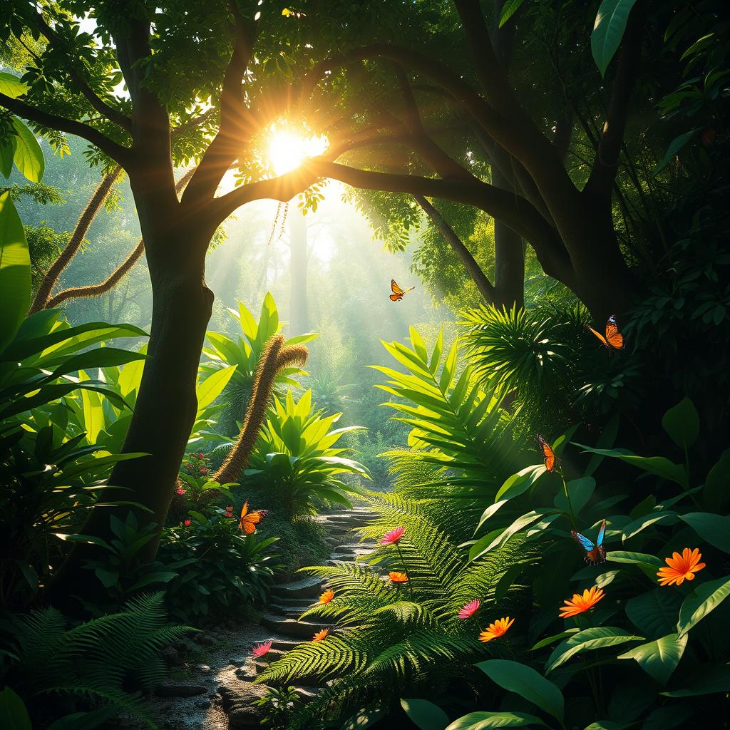 A vibrant green jungle bathed in sunlight, with lush foliage, towering trees, and a canopy that lets rays of sunshine filter through, creating a warm, inviting atmosphere