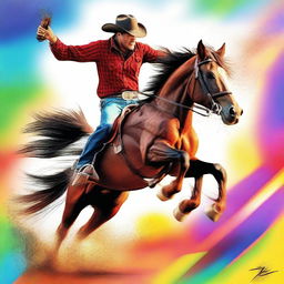 This vibrant digital art captures a cowboy in mid-action, performing a kickflip with his horse