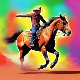 This vibrant digital art captures a cowboy in mid-action, performing a kickflip with his horse