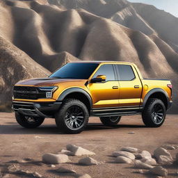 An impressive digital rendering showcasing a unique blend of a Ford F150 and a Lamborghini Urus into a single car