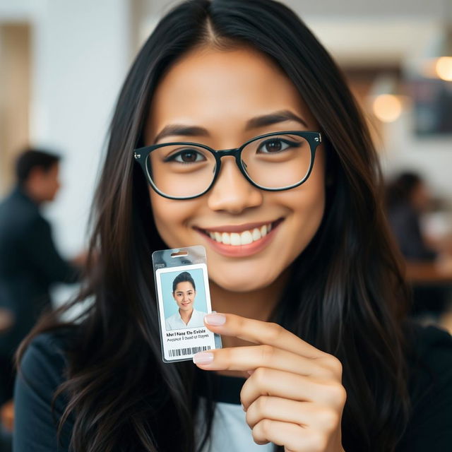 A close-up portrait of a confident young woman holding her ID card up with a smile, showcasing her friendly expression