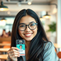 A close-up portrait of a confident young woman holding her ID card up with a smile, showcasing her friendly expression