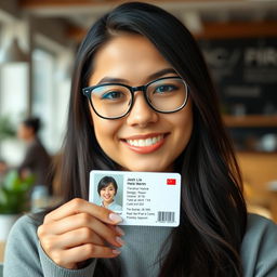 A close-up portrait of a confident young woman holding her ID card up with a smile, showcasing her friendly expression