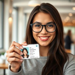 A close-up portrait of a confident young woman holding her ID card up with a smile, showcasing her friendly expression