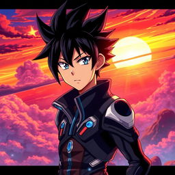A striking anime character featuring black hair styled in a spiky fashion, with sharp, expressive eyes that shimmer with a hint of blue