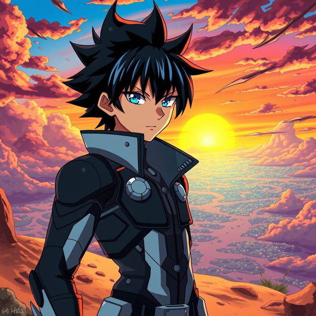 A striking anime character featuring black hair styled in a spiky fashion, with sharp, expressive eyes that shimmer with a hint of blue