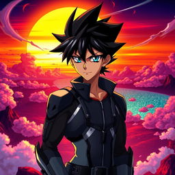 A striking anime character featuring black hair styled in a spiky fashion, with sharp, expressive eyes that shimmer with a hint of blue