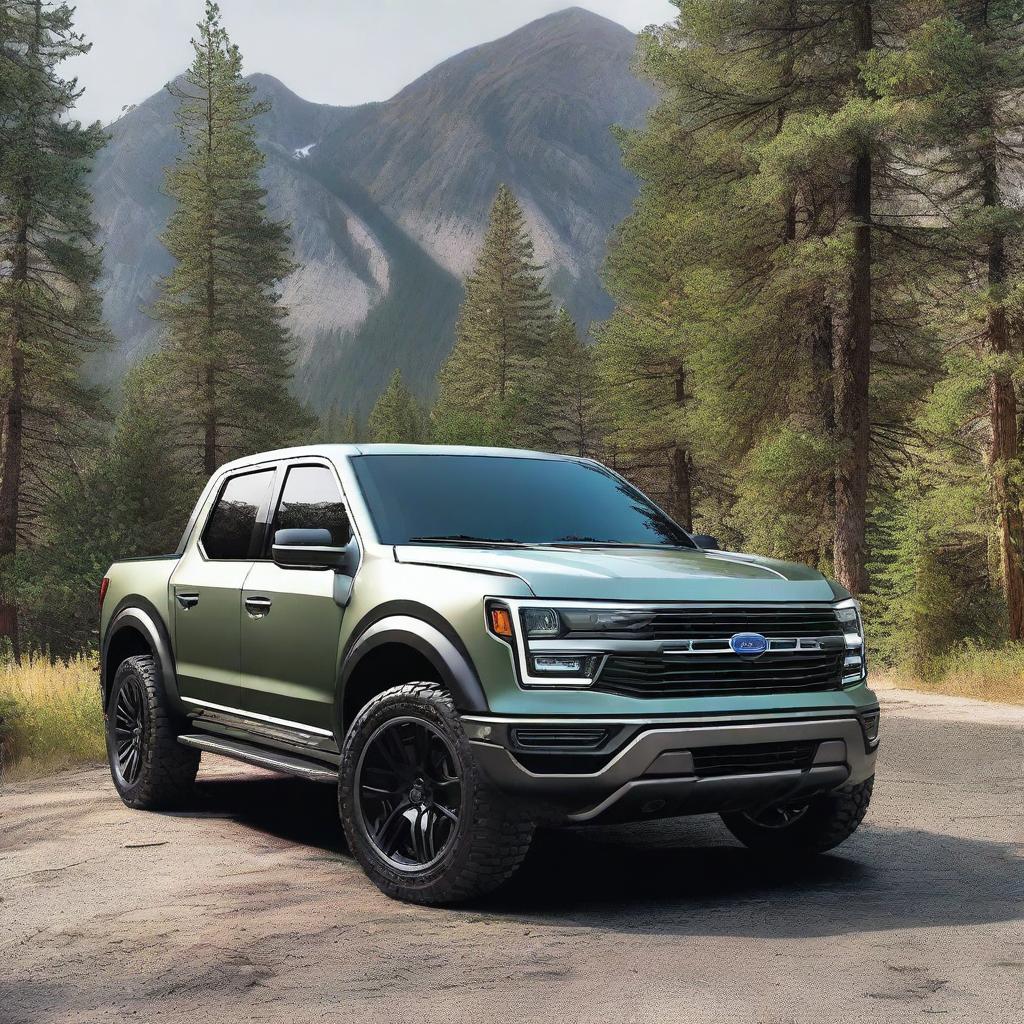 An impressive digital rendering showcasing a unique blend of a Ford F150 and a Lamborghini Urus into a single car