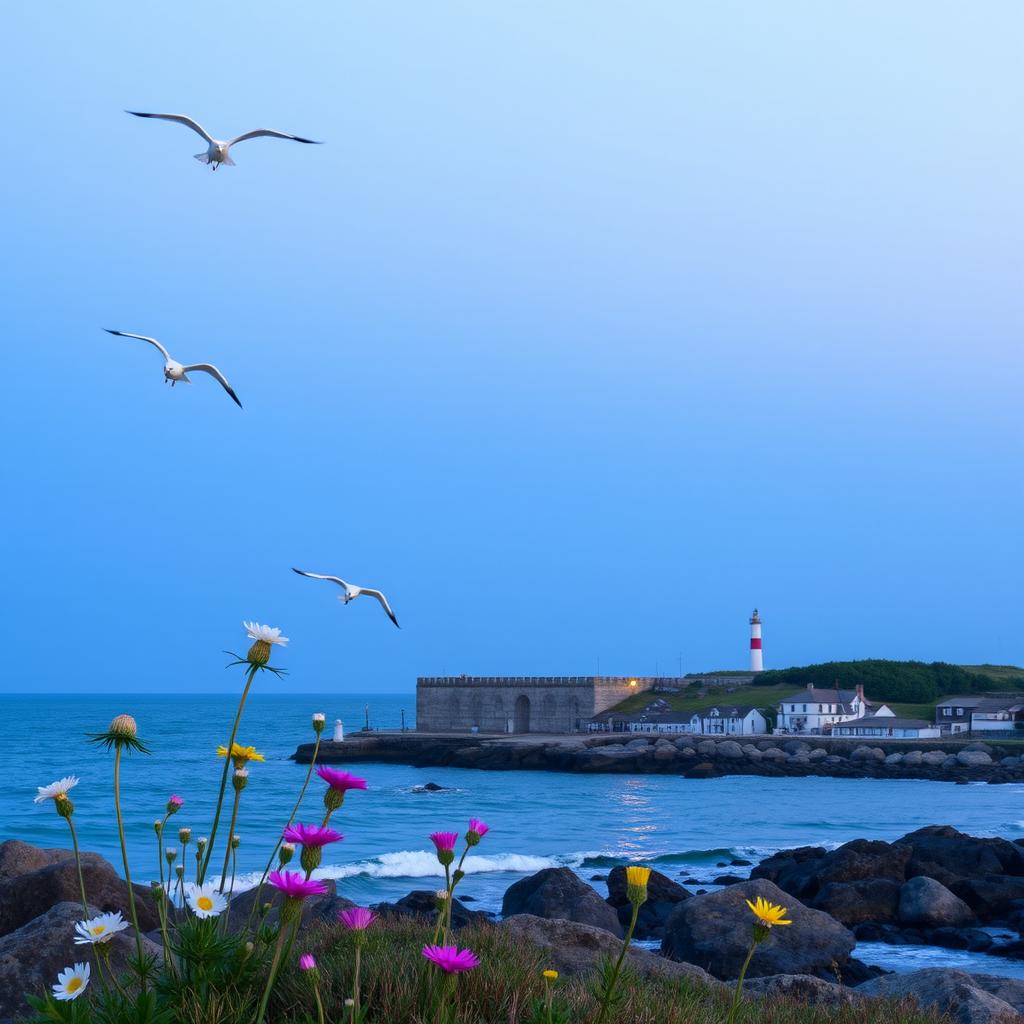 A tranquil scene featuring a grand lighthouse standing tall against the backdrop of a clear blue sky