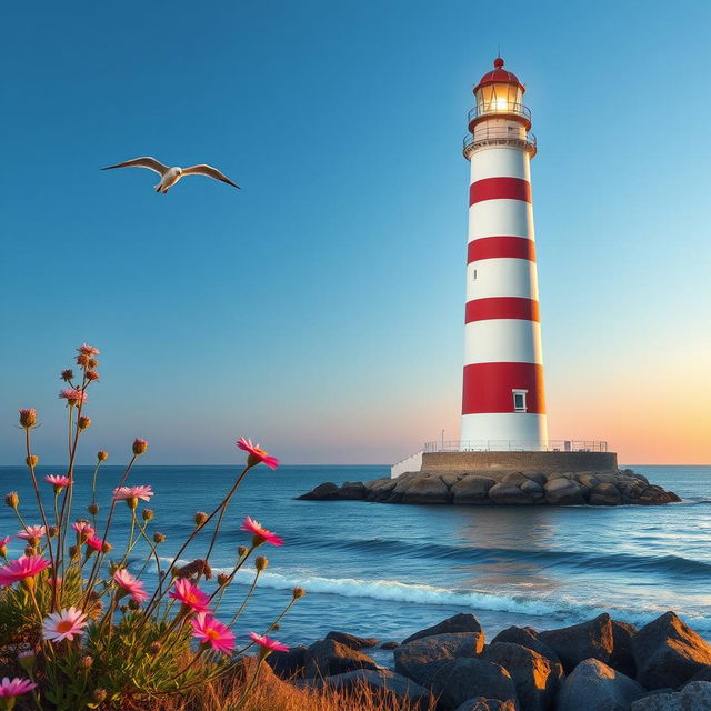 A tranquil scene featuring a grand lighthouse standing tall against the backdrop of a clear blue sky