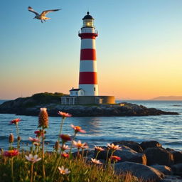 A tranquil scene featuring a grand lighthouse standing tall against the backdrop of a clear blue sky