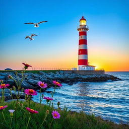 A tranquil scene featuring a grand lighthouse standing tall against the backdrop of a clear blue sky