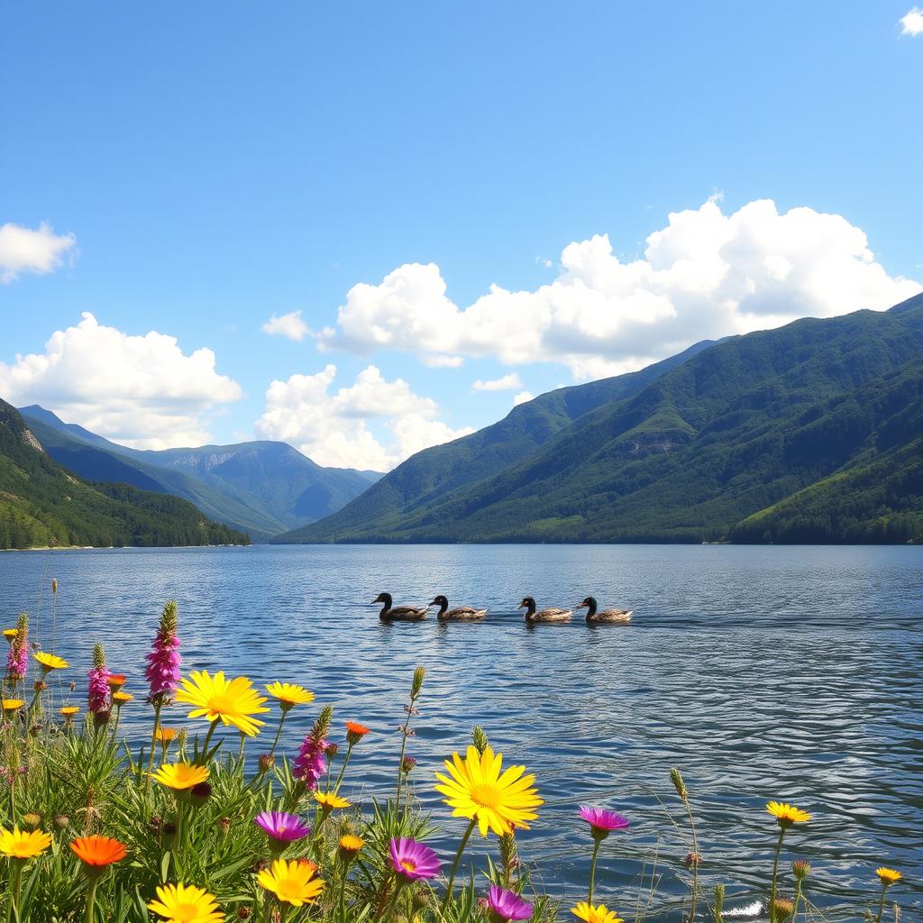 A serene landscape featuring a tranquil lake surrounded by lush, green mountains under a clear blue sky dotted with fluffy white clouds