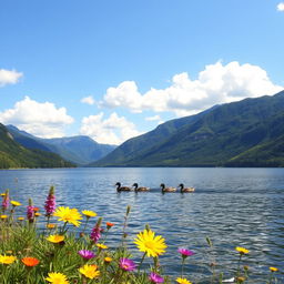 A serene landscape featuring a tranquil lake surrounded by lush, green mountains under a clear blue sky dotted with fluffy white clouds