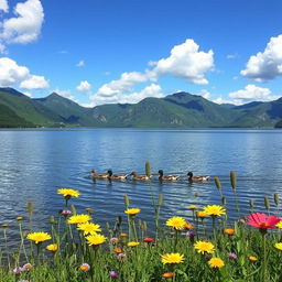 A serene landscape featuring a tranquil lake surrounded by lush, green mountains under a clear blue sky dotted with fluffy white clouds