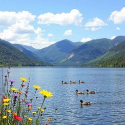 A serene landscape featuring a tranquil lake surrounded by lush, green mountains under a clear blue sky dotted with fluffy white clouds