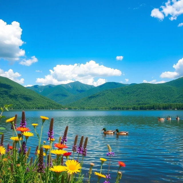 A serene landscape featuring a tranquil lake surrounded by lush, green mountains under a clear blue sky dotted with fluffy white clouds