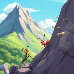 A cartoon story featuring an ant determined to climb a mountain