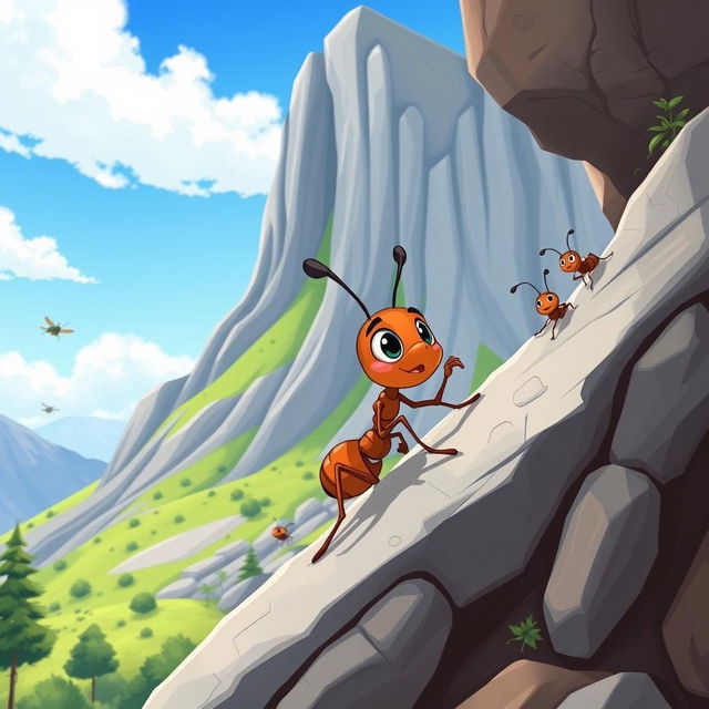 A cartoon story featuring an ant determined to climb a mountain