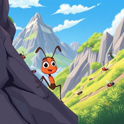 A cartoon story featuring an ant determined to climb a mountain