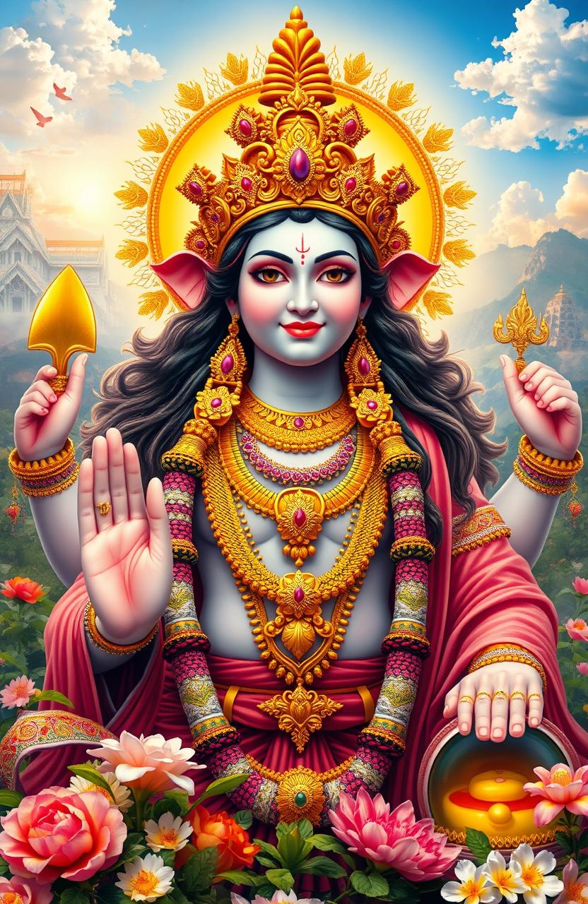 A majestic depiction of a Hindu god, featuring intricate details and vibrant colors