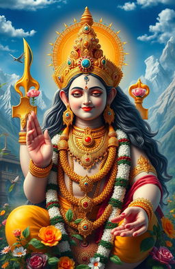 A majestic depiction of a Hindu god, featuring intricate details and vibrant colors