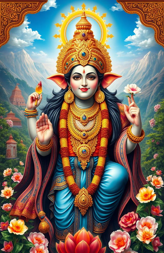 A majestic depiction of a Hindu god, featuring intricate details and vibrant colors