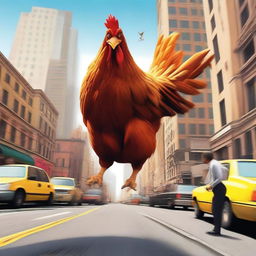 A high-quality digital art image portrays an amusing scene where a person is being chased by a gigantic chicken