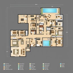 A detailed floor plan of a modern hotel, featuring multiple levels