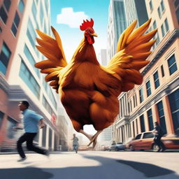 A high-quality digital art image portrays an amusing scene where a person is being chased by a gigantic chicken