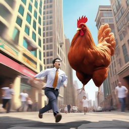 A high-quality digital art image portrays an amusing scene where a person is being chased by a gigantic chicken