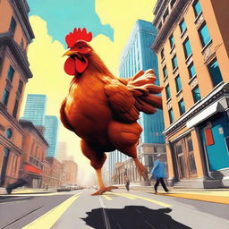 A high-quality digital art image portrays an amusing scene where a person is being chased by a gigantic chicken