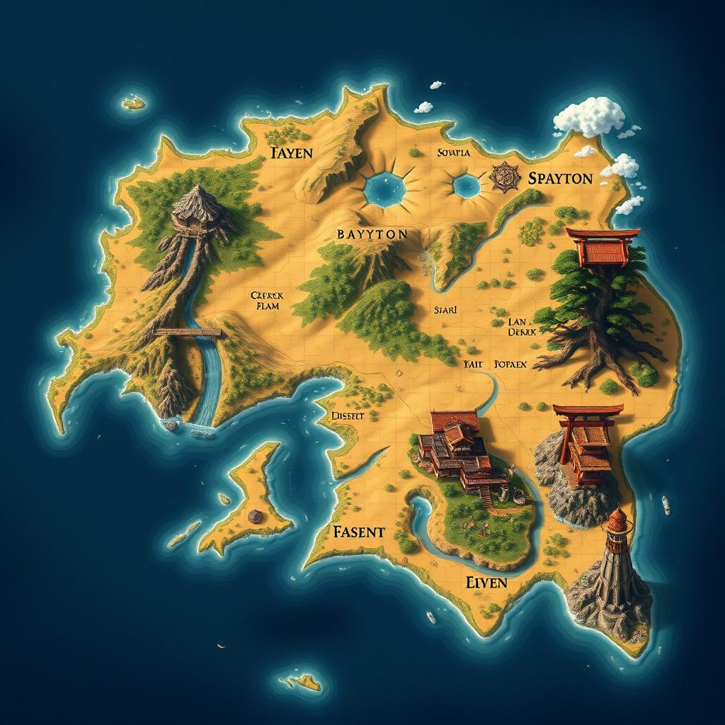 A detailed fantasy map for a Dungeons and Dragons setting, showcasing one large continent surrounded by sea