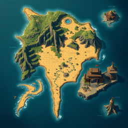 A detailed fantasy map for a Dungeons and Dragons setting, showcasing one large continent surrounded by sea