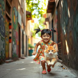 A beautiful mischievous little girl with a bright smile and playful expression, running joyfully after a cute fluffy kitten in a narrow alley of Tehran