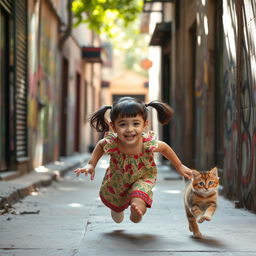 A beautiful mischievous little girl with a bright smile and playful expression, running joyfully after a cute fluffy kitten in a narrow alley of Tehran