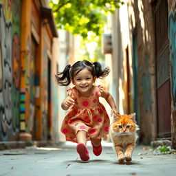 A beautiful mischievous little girl with a bright smile and playful expression, running joyfully after a cute fluffy kitten in a narrow alley of Tehran